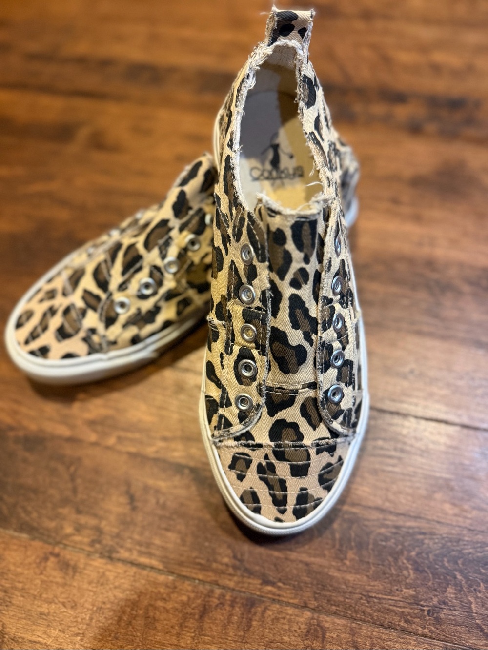 Corkys Babalu Size 7 Leopard Slip on Sneaker Distressed Frayed Canvas Shoe